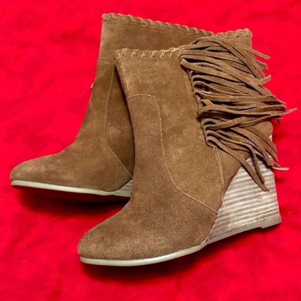 Steve Madden Brown Suede Fringe Wedge Ankle Boots Farli Boho Coachella 8